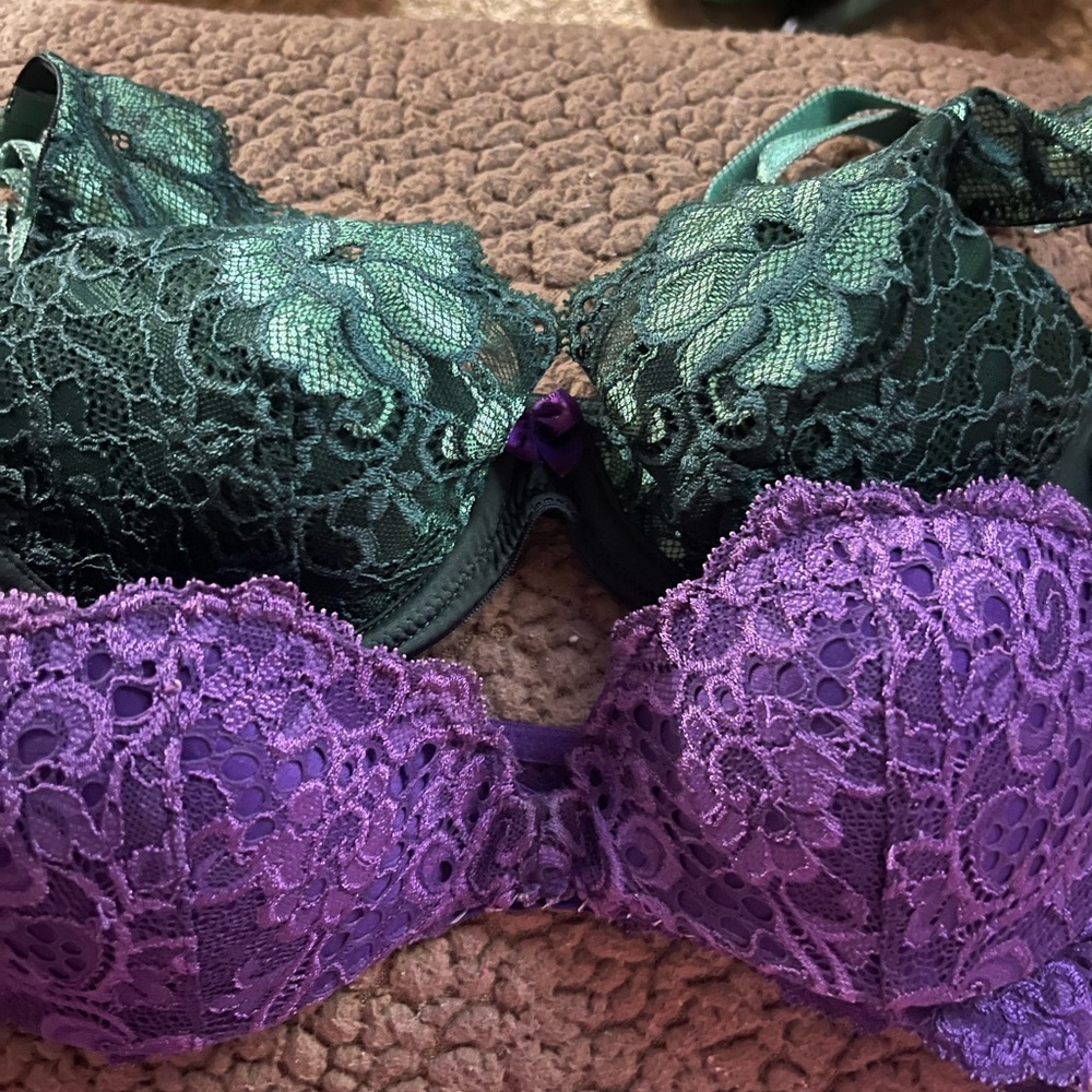 Lace Underwire Bra Set - Green and Purple